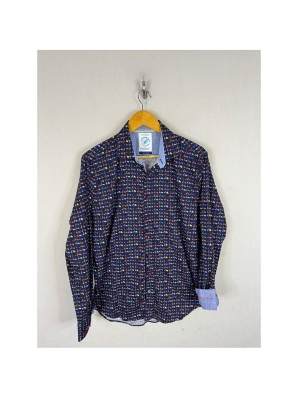 A Fish Named Fred Scooter Print Navy Button Down Shirt Mens Medium Slim Fit